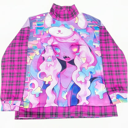 Oversized Sweatshirt With Cartoon And Plaid Print Gyaru Rose Fashion Red