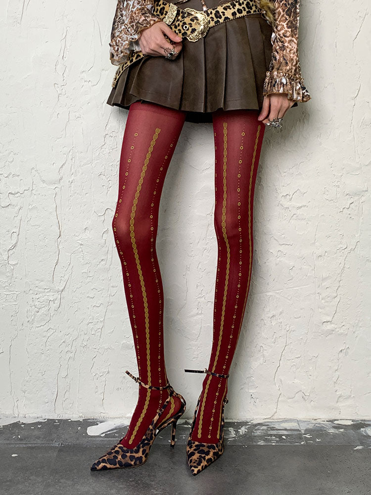 Wine Red Y2K Print Design Tights