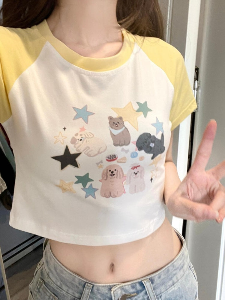 White Yellow Star and Puppy Print Cropped Top