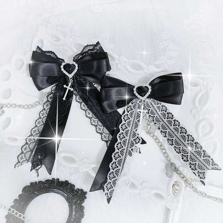 Jirai Kei Cross Charm HeartRhinestones Adorned Bowknot Hairclips