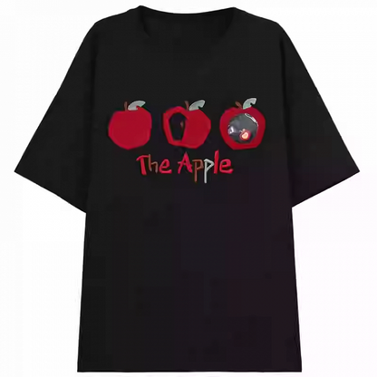 T-Shirt Apricot/Black Round Neck Apple Embroidery Loose