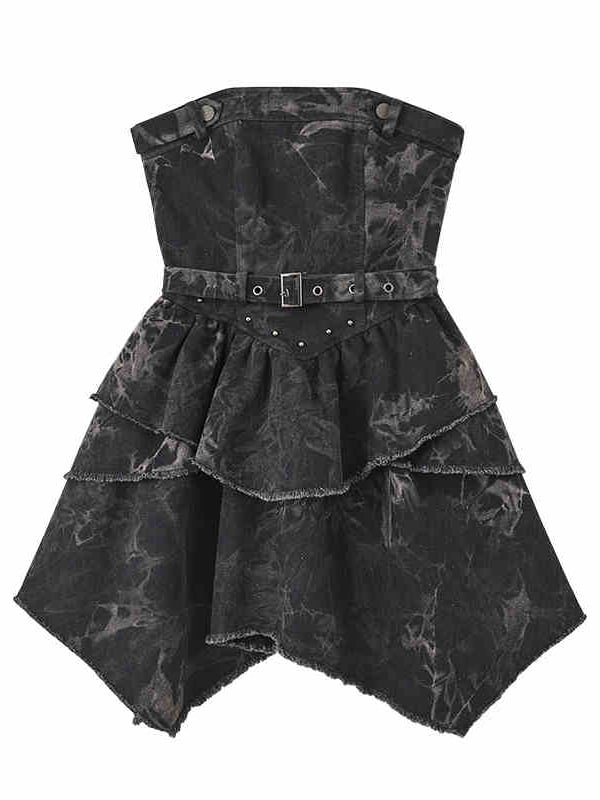 Robe bustier en jean punk noire et grise à taille basque et design clouté