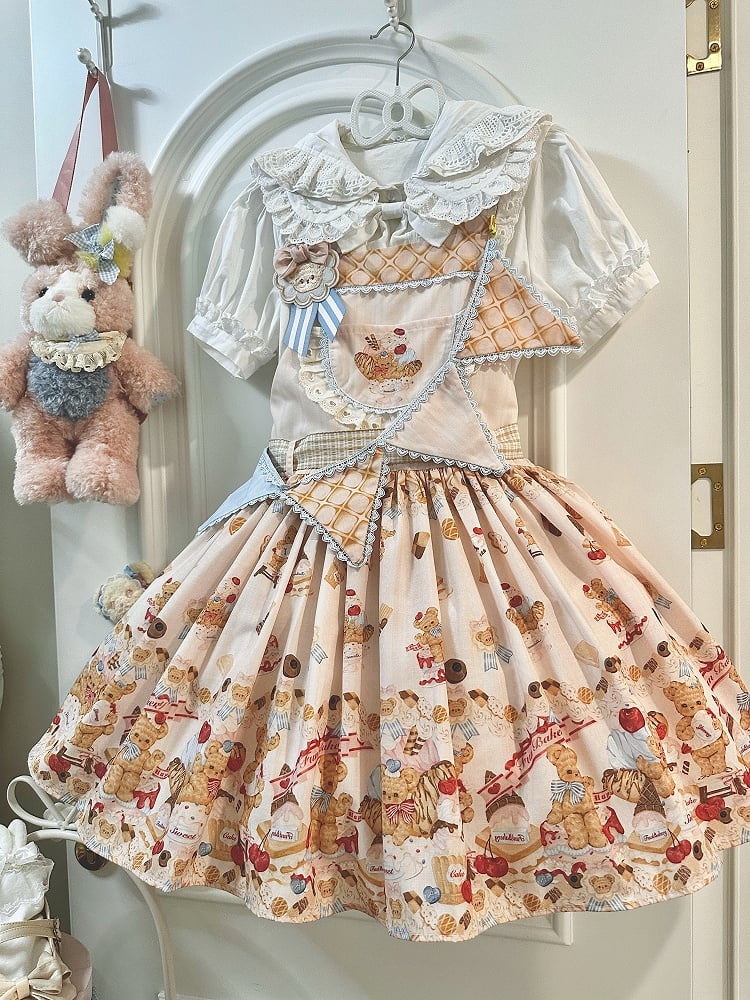 Beige Sweet Teddy Bear and Dessert Lolita Overall Dress