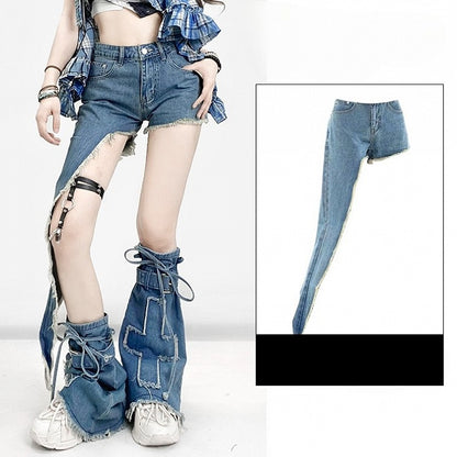 Y2K Asymmetrical Shorts Hem Blue Denim