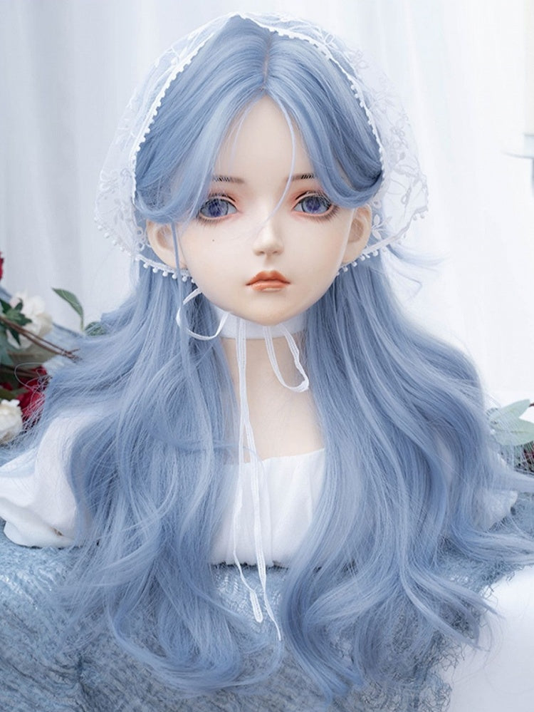 Blue Long Wavy Synthetic Wig With Curtain Bangs