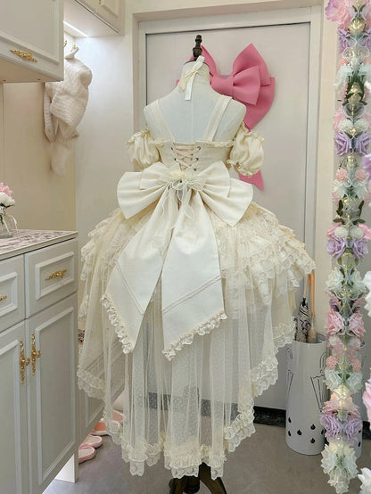 Hanayome Fairy Lolita Flower Basque Skirt Jumper Tiered Waist Hem Beige Dress