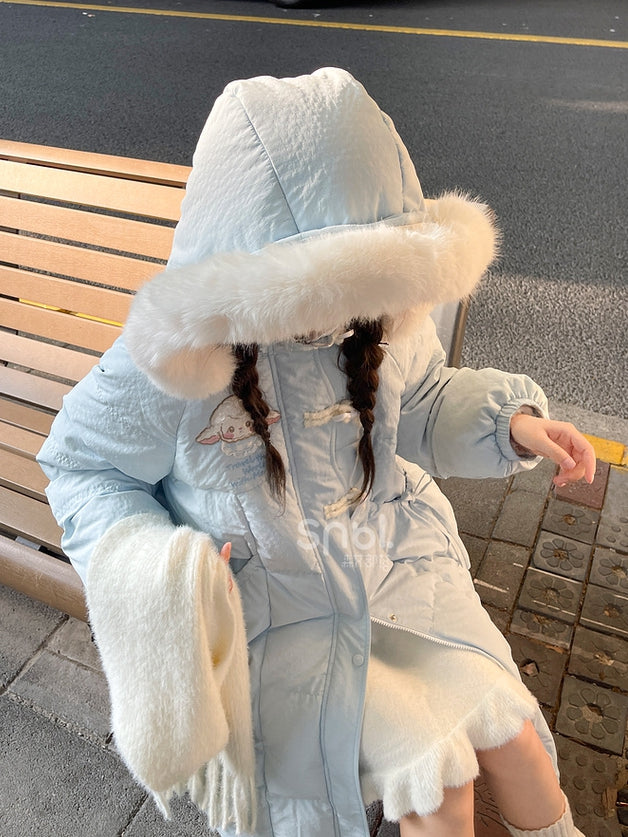 Blue Cute Lamb Applique Bowknot Details Hooded Down Coat Long Version