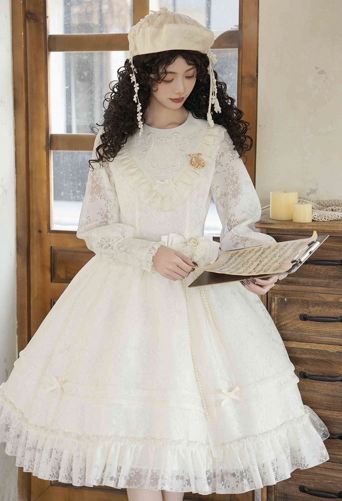 Beige Elegant Sleeves Classic Spring Lolita Dress Embroidery Semi-sheer Harp Long