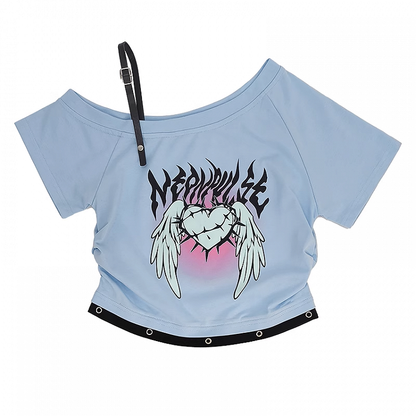 Wings Print Y2K Light Blue Asymmetrical Neckline Heart and T-Shirt