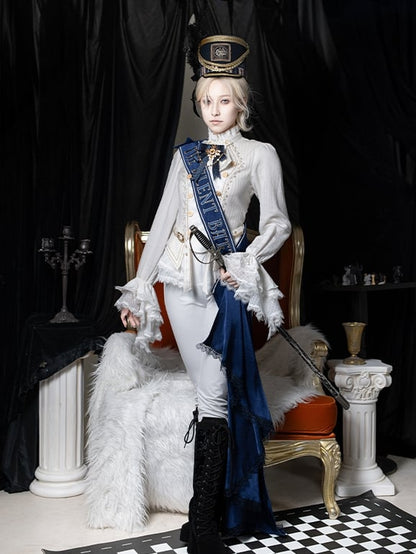 White Jabot Long Cuffs Ruffle Neckline Cadcading Sleeves