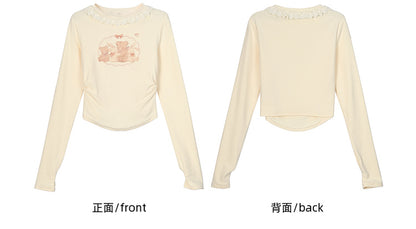 Apricot Bunnyand Teddy Bear Long Sleeves Top Ruched