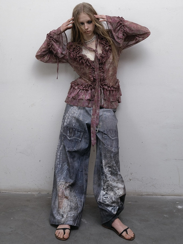 Print Lace Jeans Cut Wide-leg Blue Chain Punk Wasteland Details