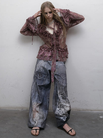 Print Lace Jeans Cut Wide-leg Blue Chain Punk Wasteland Details