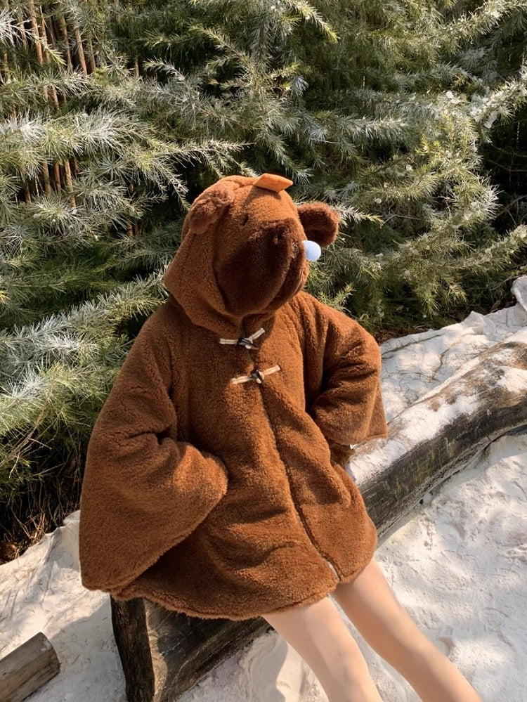 Brown Cute Capybara Hood Zip Closure Fleece Hooded Cape