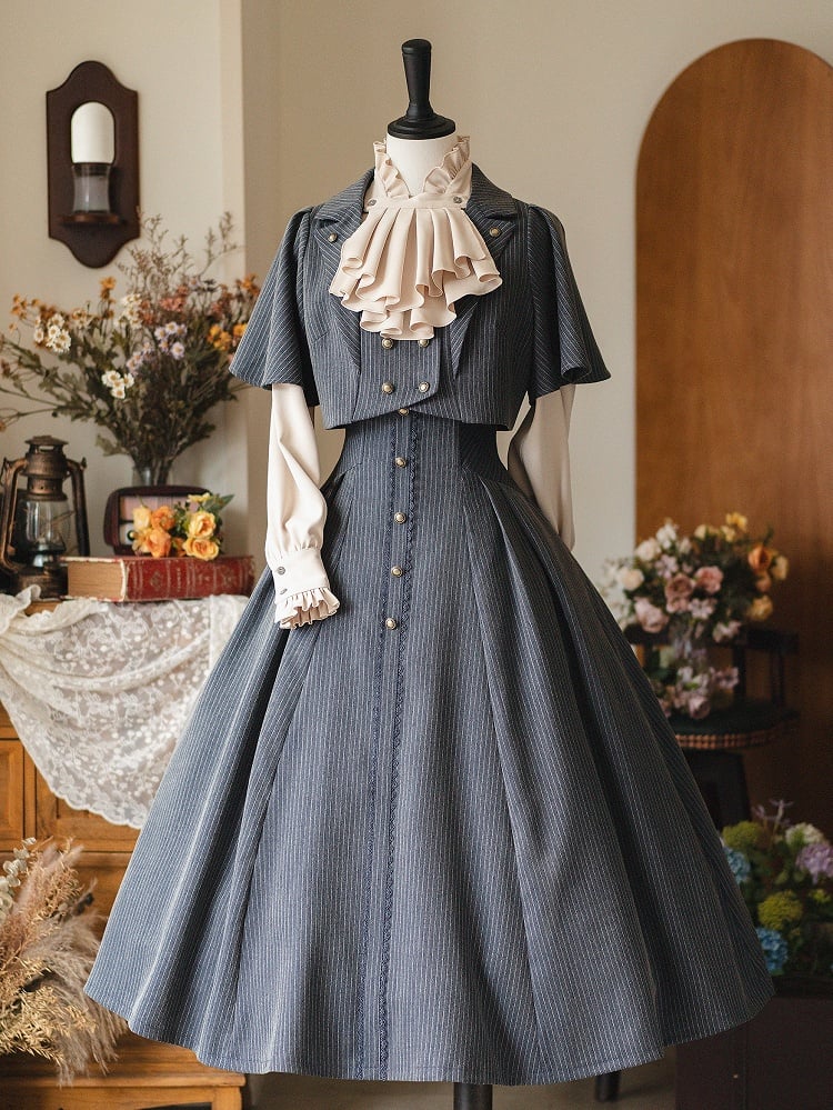 Jupe Lolita classique élégante taille haute bleu foncé poussiéreux vintage printemps
