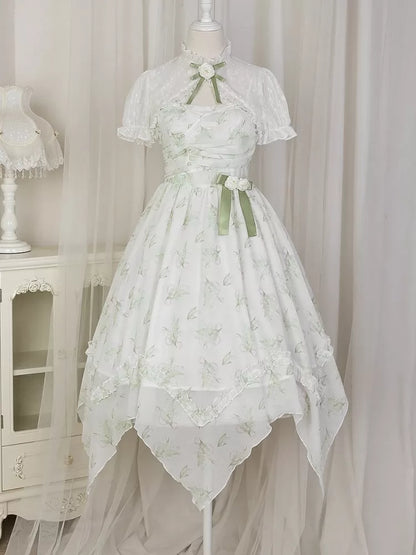 Light Green Lily of the Valley Print Handkerchief Hem Dress + Bolero