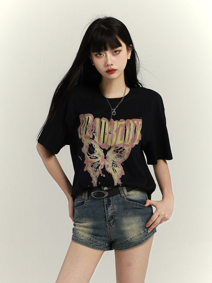 Dunkelgrau/Braun/Schwarz/Weiß Vintage Loose T-Shirt mit Schmetterlingsdruck