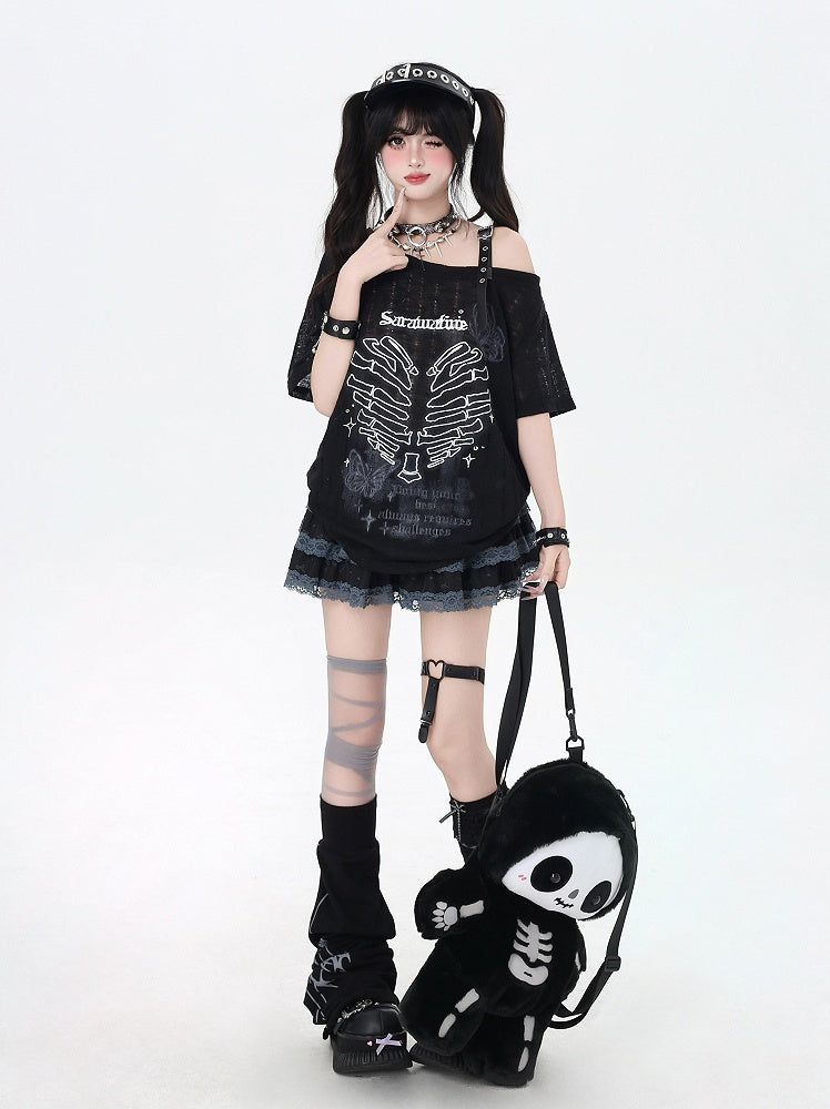 Y2K Asymmetrical Neckline Skeleton Heart Print Black/Gray/White T-Shirt
