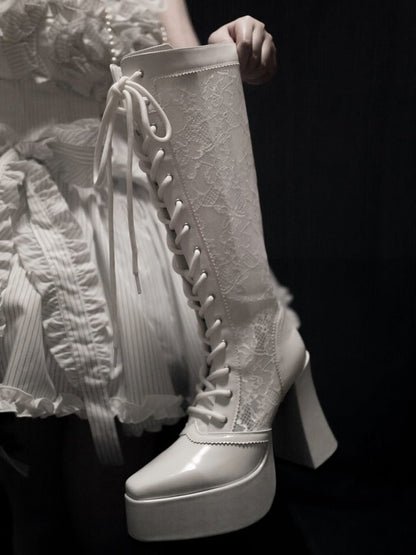 Gothic White Front Lace-up Ties Lace Platform High Block Heel  Knee-high Boots