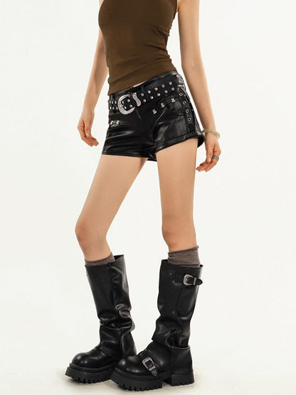 Fit  Rhinestone Belt Punk PU Studded Black Shorts with Bodycon