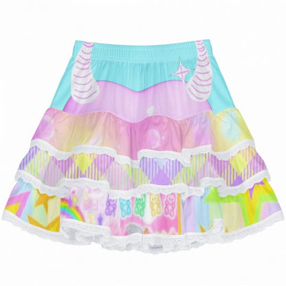 White/Blue/Purple Skirt with Lace Trim Y2K Striped Pattern Tiered A-Line