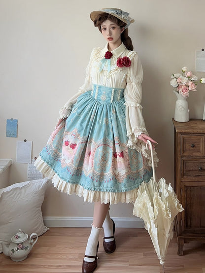 Blauer eleganter Lolita-Rock mit Korsettgürtel und hoher Taille und Blumen- und Mond-Print