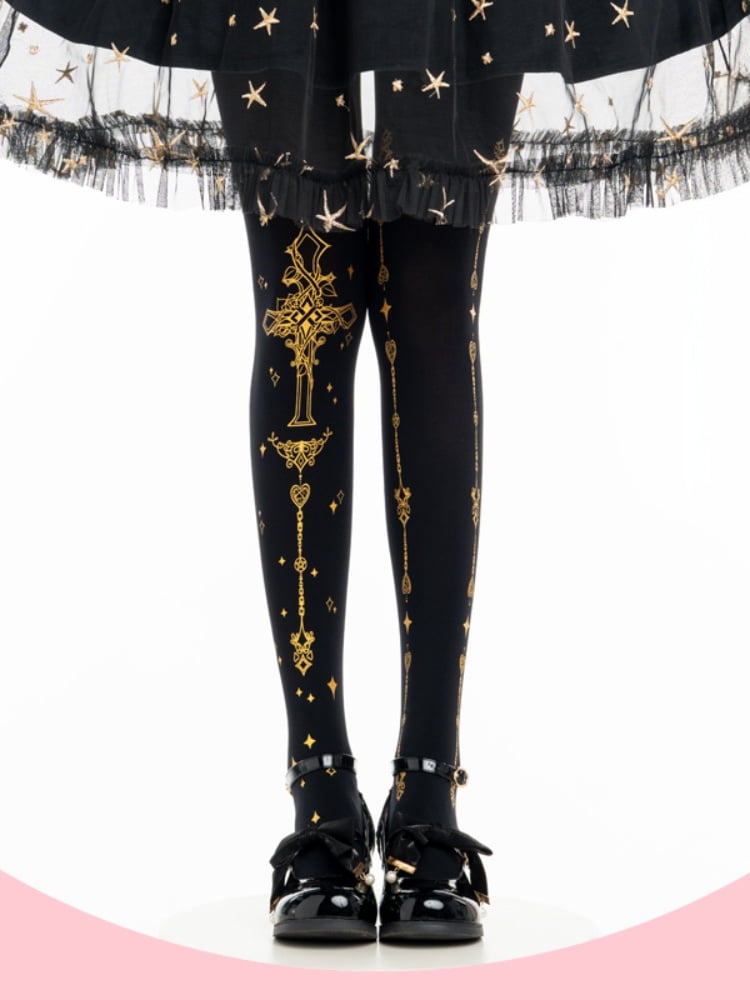 Gothic Lolita Gold Cross Print Black Tights