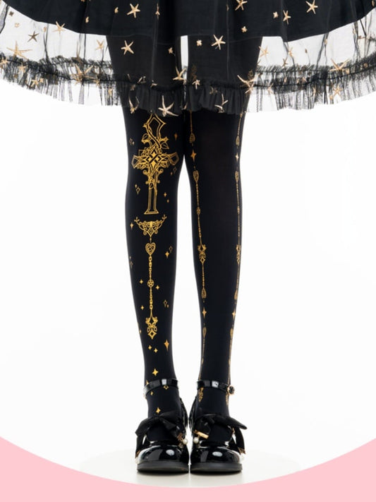 Gothic Lolita Gold Cross Print Black Tights