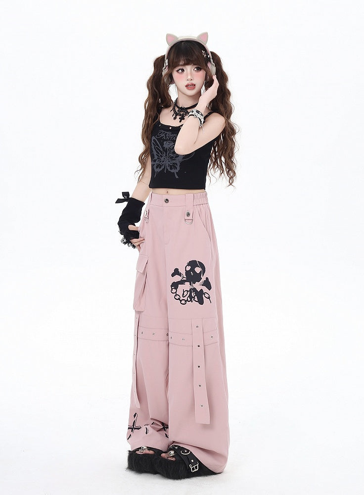 Cargo Skeleton Pockets and Cross Print Black/Grey/Pink Wide-Leg Pants