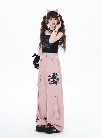 Wide-Leg Pants Black/Grey/Pink and Cross Print Pockets Cargo Skeleton