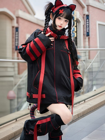 Black and Red Jirai Kei Techwear Buckle Straps Cat Ears Hooded Windbreaker Jacket