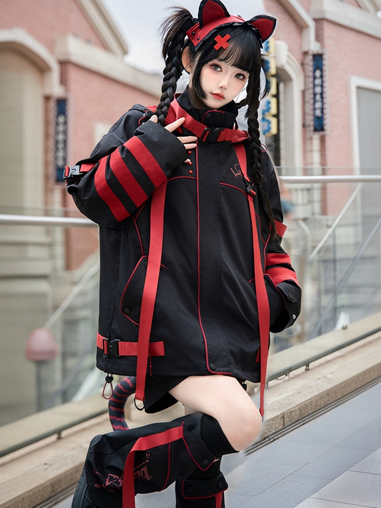 Black and Red Striped Futuristic Cyber Fashion Outfit - Windbreaker Jacket + Shorts/Pants + Leg Warmers Full Set