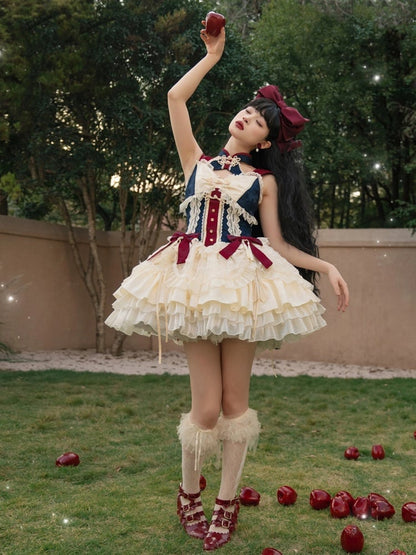 Dark Blue and Red Detachable Collar Qi Tiered Ruffles Jumper Skirt