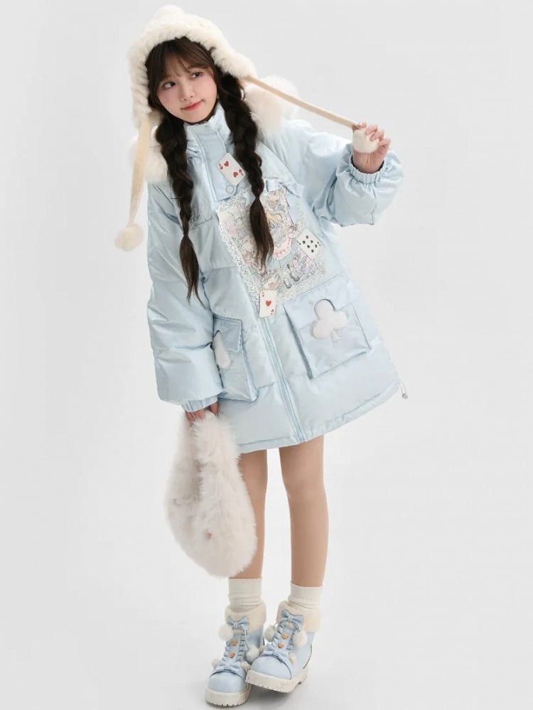 Applique Blue Hooded Down Coat