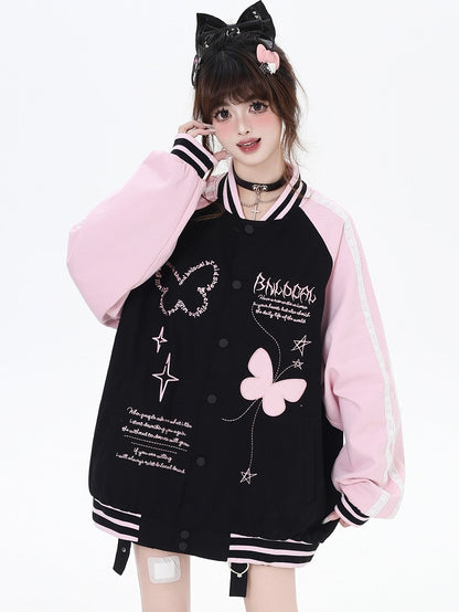 Black and Pink Colorblock Design Butterfly Baseball Jacket