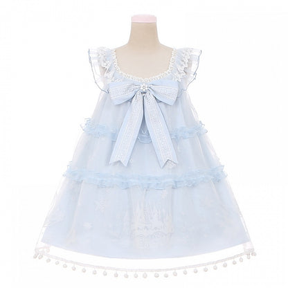 Light Blue Snow Moon Castle Overlay Pompoms Trimmed Dress Sweet Lolita Jumper Skirt