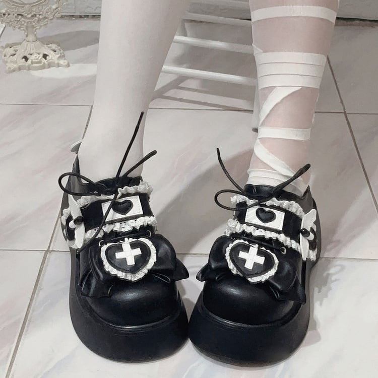 Jirai Kei Black Yami Kawaii Cross Bowknot Lace-up Detail Platform Shoes