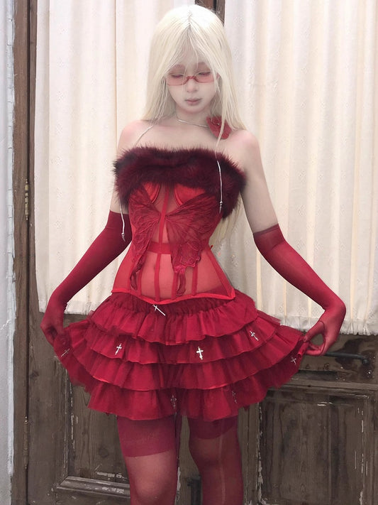 Jupe en tulle à volants avec breloques croix rouge gothique et short intégré