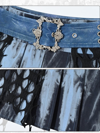 Grunge Punk Rock Fairy Blue Asymmetrical Hem Tie Dye Pleated Skirt with Free Chain Belt