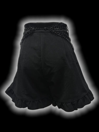Gothic Black CrossPatches High Waist Ruffle Trim Shorts with Free Waist Chain