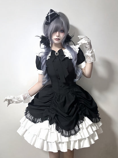 und asymmetrisches Kleid Schwarz Lolita Peter Pan Weißer Rock Stufen Gothic Ärmel Kragen Kurz