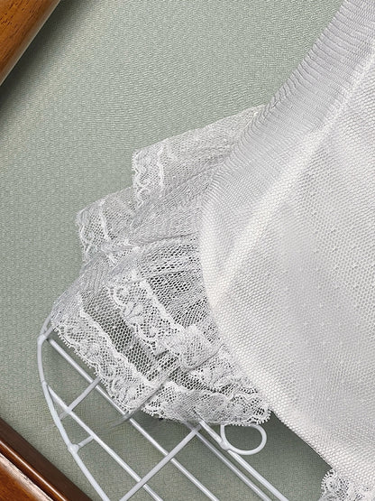 White Square Neckline Short Sleeves Blouse