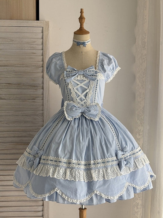 and Short Piece Blue One Neckline Puff Old Lolita School Sleeves Cotton Dress Square