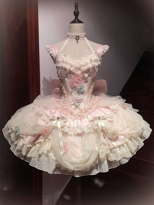Robe princesse Lolita Hanayome à taille corset et baleines, motif floral rose