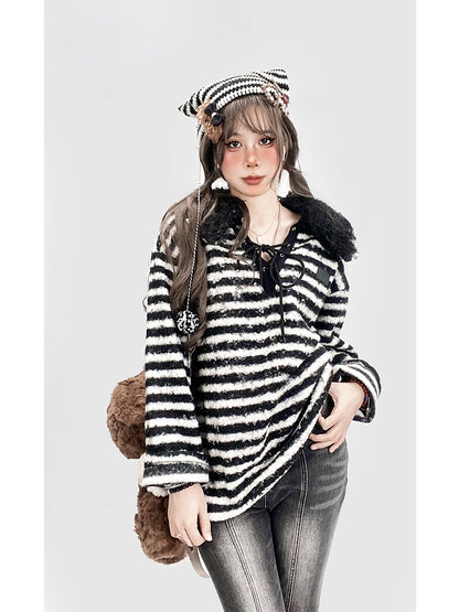 Black&White Striped Pattern V-neck Oversize Knitted Sweat Shirt with Detachable Collar