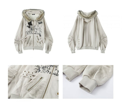 Spiderweb and Skeleton Gray Punk Rock Bunny Ears Winter Zip Hoodie