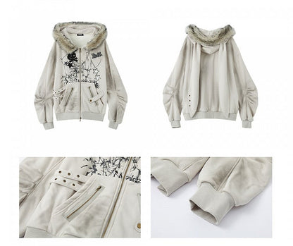 Kapuzenpullover mit Spinnennetz-Reißverschluss und Punk-Häschen-Fleece, graue Ohren, Rock-Print, Skelett