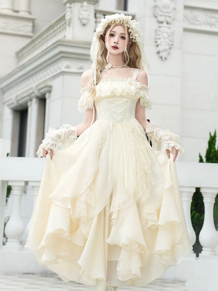 Lolita Set Long Full Dress Skirt Version Waist Classic Ruffle Cascading Boned Beige Basque