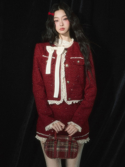 Christmas Red Tweed Cropped Jacket  Lace Trim Bowknot and Bead Details