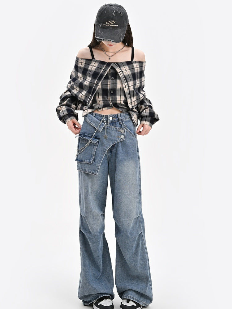 Wide-Leg Jeans Waistline Design Blue Asymmetrical